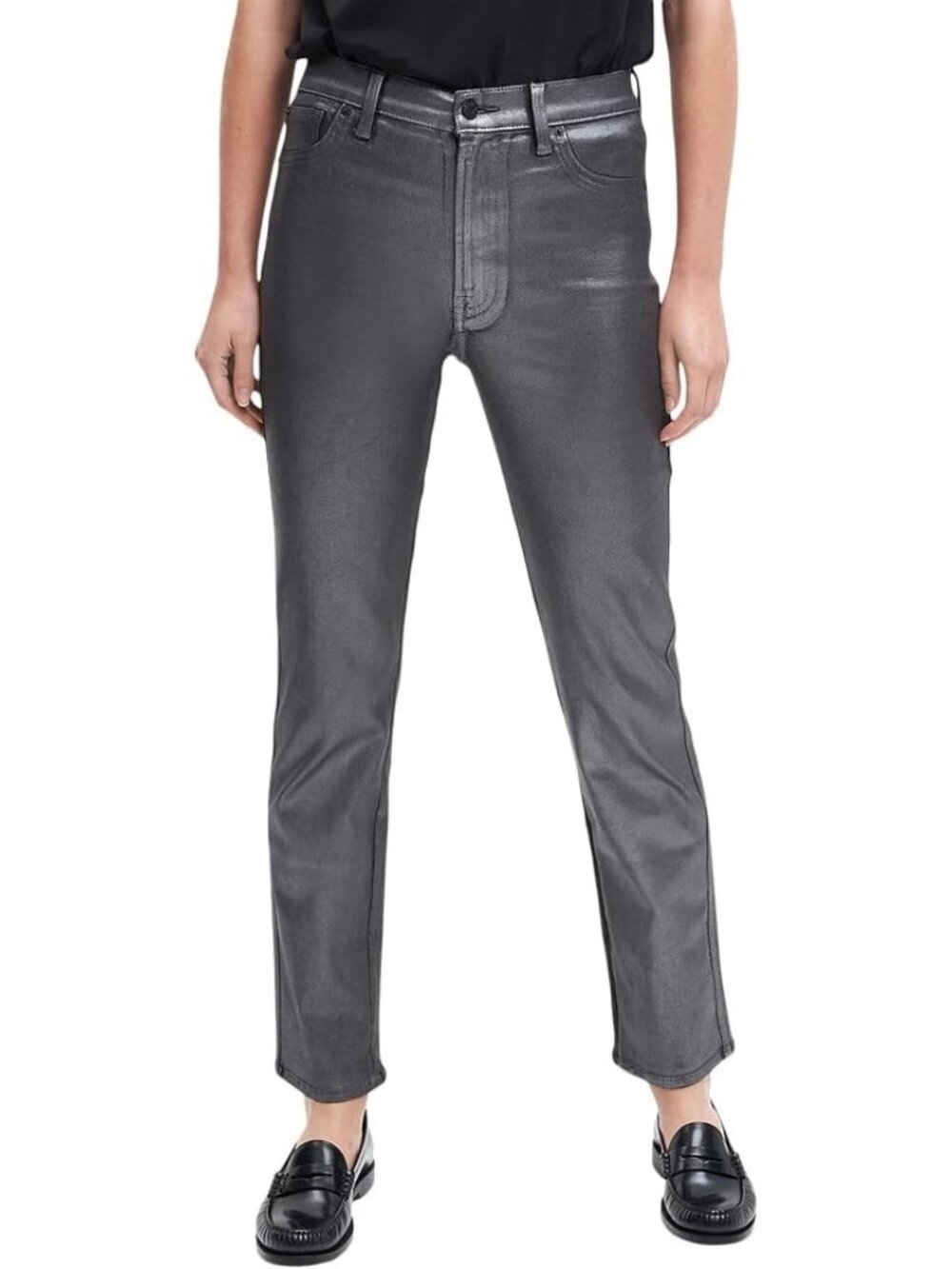 (Damaged) 7 FOR ALL MANKIND HW Straight Jeans w/Faux Pockets In Coated Pewter